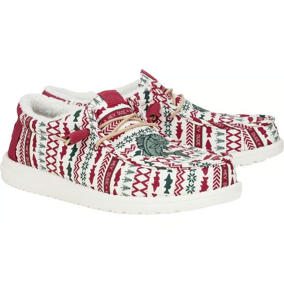 Hey Dude Men's 9 White Red Wally Merry Fishmas Sweater Loafers Slip On OS44-19 - Picture 1 of 8